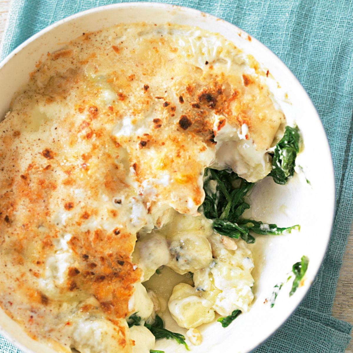 Cheat gnocchi with spinach pine nuts and docelatte