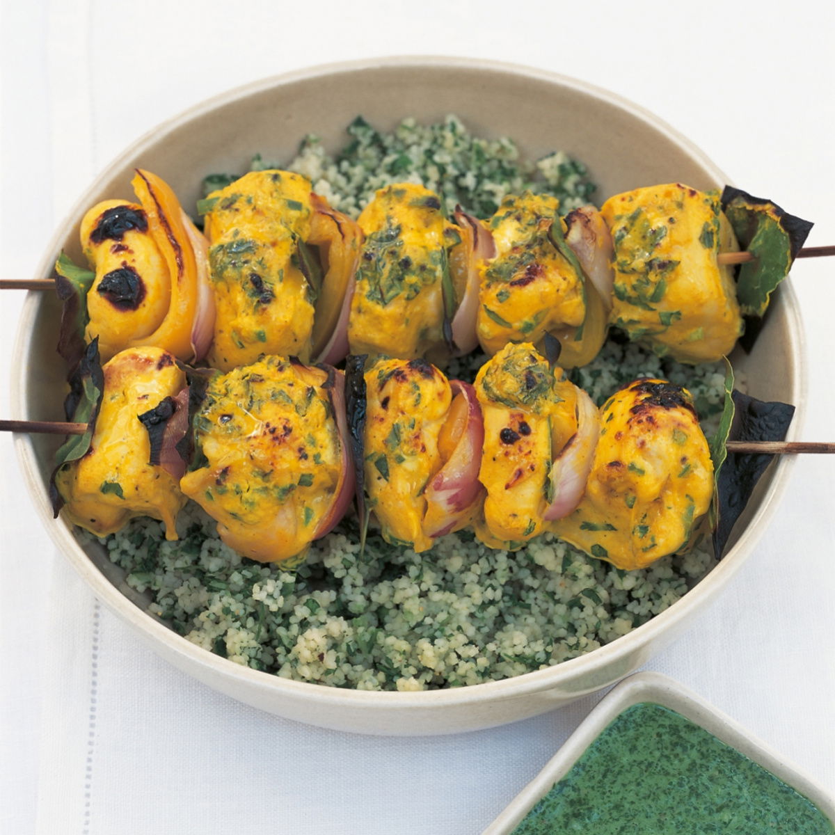 Htc marinated chicken brochettes with green couscous