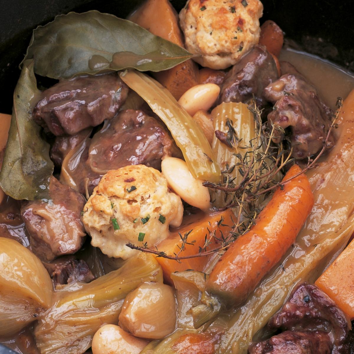 Old-fashioned Shin of Beef Stew with Butter Beans and Crusted Onion  Dumplings