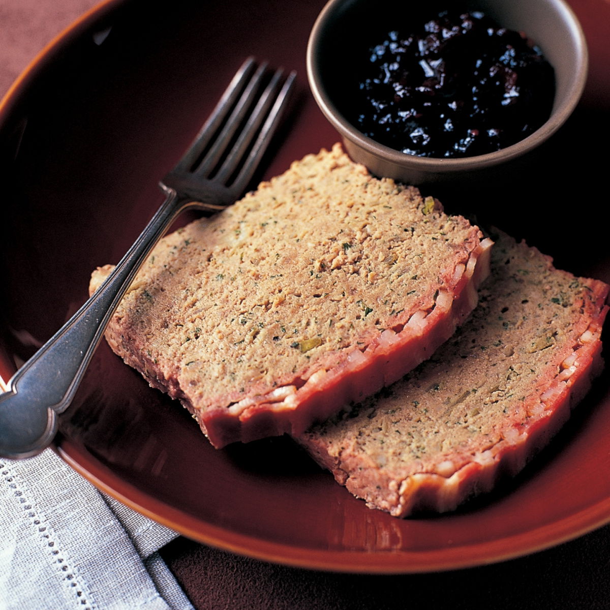 Pork american meatloaf with red onion tomato and chilli relish