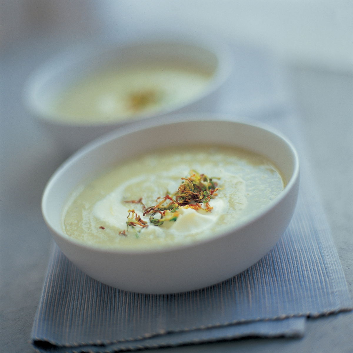 Soup soupe flamande with creme fraiche and frizzled sprouts