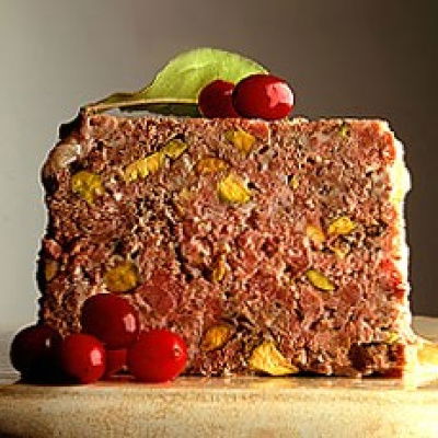 A picture of Delia's Terrine of Venison with Juniper and Pistachio Nuts and Cranberry and Orange Compote recipe