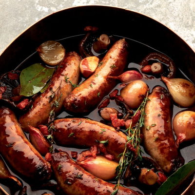 A picture of Delia's Venison Sausages Braised in Red Wine recipe