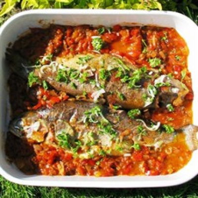 A picture of Delia's Marinated Trout with Tomatoes, Olives and Peppers recipe